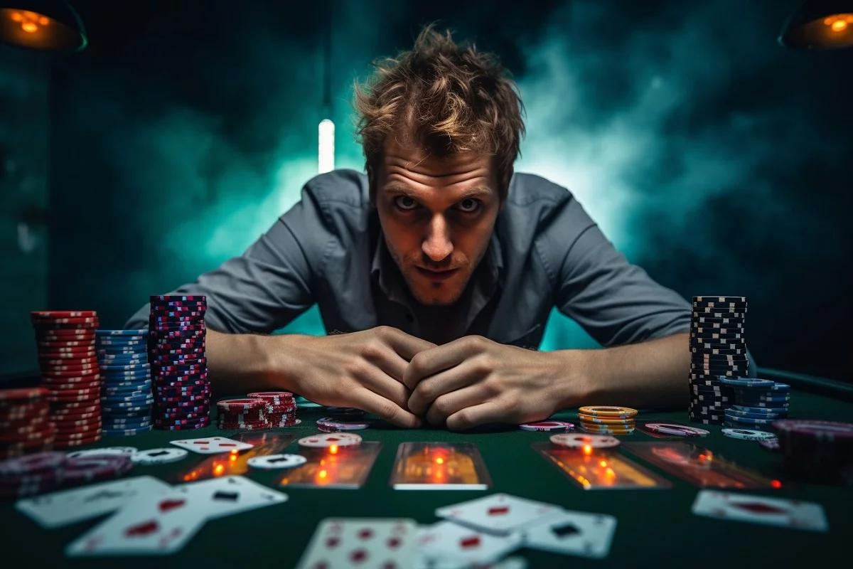 Hombre adicto al juego apostando todo en una mesa de póker