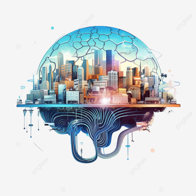 Fotomontaje de una ciudad con rascacielos en forma de un cerebro, usando cables para simular neuronas y así ilustrar el concepto de plasticidad cerebral