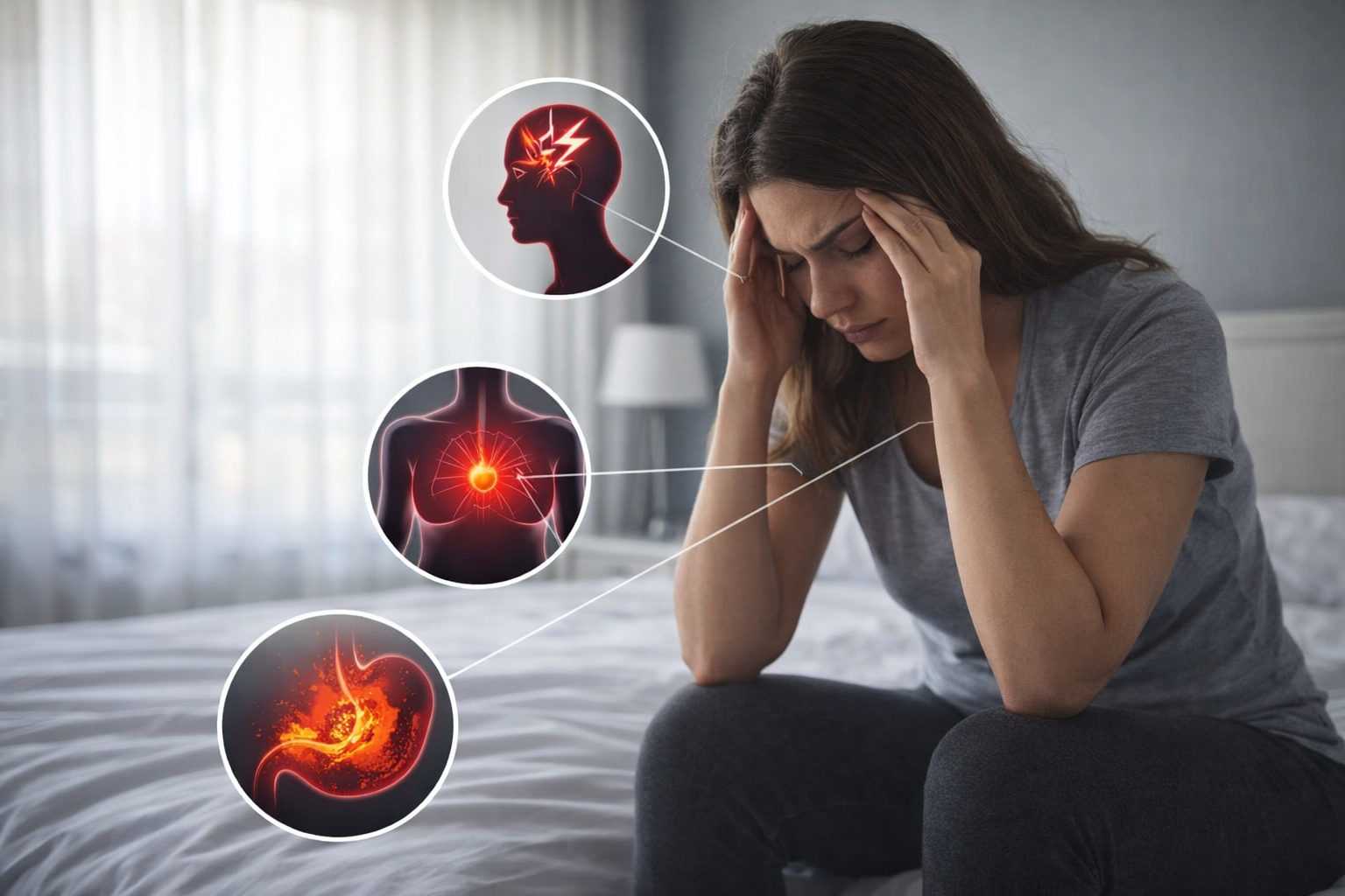 Mujer sentada en una cama con gesto de dolor y angustia, acompañada de ilustraciones de dolor de cabeza, presión en el pecho y malestar estomacal, imagen que representa la somatización y cómo el malestar emocional se manifiesta en síntomas físicos.