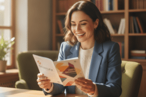 mujer leyendo folleto